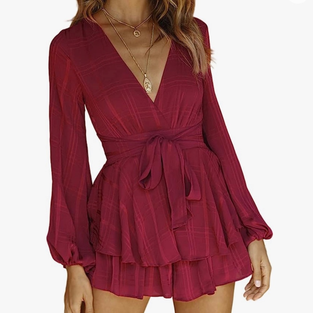 Relipop Wine Red Plaid Romper, Long Sleeve Waist Tie, V Neck, Size L, Never Worn